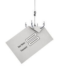 Fish hook stealing user name and password written paper. Transparent background. 3D illustration