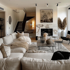 black living room inside modern log cabin, unreal engine style 5, transcendent nature, industrial-inspired, japanese-inspired, modern glass, nature-inspired, sofa near fireplace. Scandinavian
