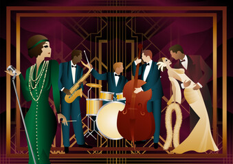 Jazz musicians, singer and dancers on a universal background. Double bass, saxophone, drum. Musicians play musical instruments