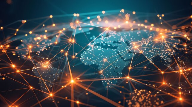 Data streams flow and connect across a global network forming a digital map