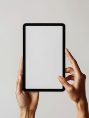ipad pro with a blank screen in hand front look. ipad mockup closeup isolated on white background. space for text -