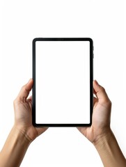 ipad pro with a blank screen in hands front look. space for text 