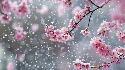 A branch of cherry blossoms. The delicate pink and white blossoms are covered in snow. The background is a soft blur of falling snow.
