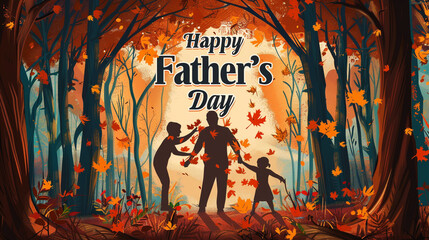 An expansive autumn forest scene with silhouettes of a father and child engaging in a joyous leaf-throwing ritual. The festive greeting "Happy Father's Day" 