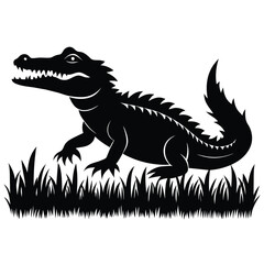 Vector silhouette of a crocodile icon blending into the grass