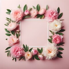 Frame made of beautiful peony flowers on pink background. Flat lay, copy space, summer flowers