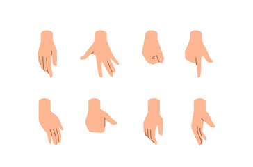 Isometric constructor to create a character. Series of 8 hand gestures displaying various positions for the movement of character, set of vector illustrations isolated on white background.
