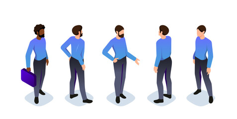 Isometric constructor to create male character. Set 5 poses for the movement of characters. Set of isometric vector illustrations of men in business casual attire, isolated on a white background