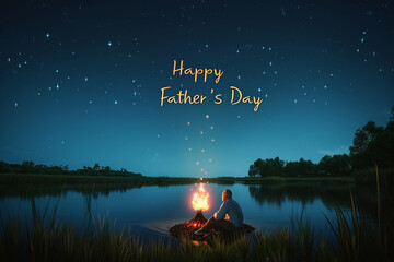 On a clear night, a campfire by a tranquil pond casts soft light, subtly suggesting a father and child. Above them, "Happy Father's Day" is boldly written in the sky.