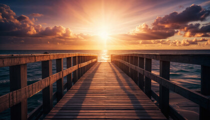 Obraz premium Pier at sunset. Marine pier against the sun