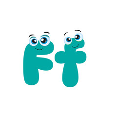 Cute Cartoon Illustration of Uppercase and Lowercase Letter F. Illustrated Alphabet Characters. Funny kids letter with eyes.