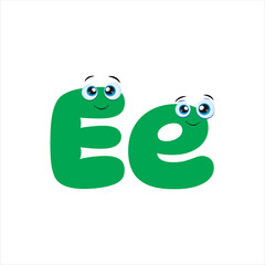 Cute Green Uppercase and Lowercase Letter E Cartoon Character. Vector Hand Drawn Illustration Isolated On white Background.