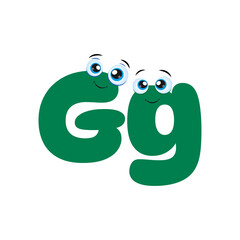 Cute Green Uppercase and Lowercase Letter G Cartoon Character. Smiling G letter from alphabet for children to learn.