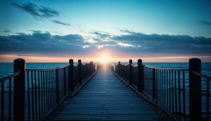 Fototapeta premium Pier at sunset. Sea pier in the light of the setting sun