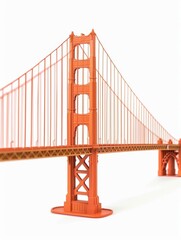 Golden Gate Bridge A model of the Golden Gate Bridge, side perspective to show its towering suspension cables and orange color, isolated on white background.