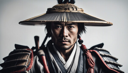 Obraz premium portrait of samurai, isolated white background, copy space for text 