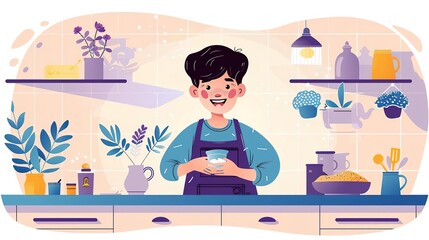 A young boy is happily pouring milk into a bowl of cereal in a brightly lit kitchen.