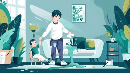 A young boy spills a can of green paint on the floor while his father looks on in exasperation.