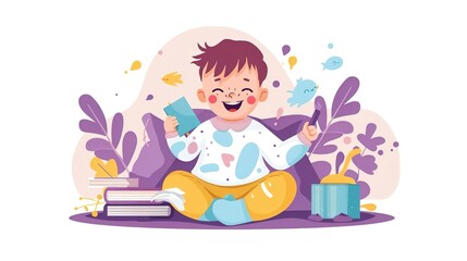 Little boy is sitting on the floor and painting