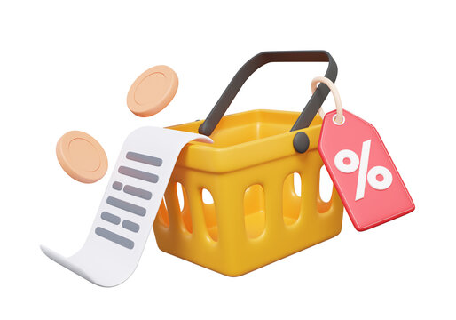 Baskets tag receipt bill coins online e-commerce voucher marketing concept. on transparent background. Promotion coupons percent discount price, money payments. 3d render illustration