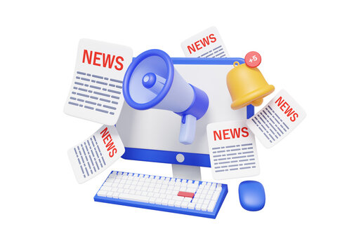 News media update reminder via computer with megaphone loudspeaker bell notification announcements web page digital online on transparent background. Events newsletter email. 3d render illustration