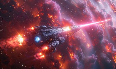 Fototapeta premium Scifi scene with a spaceship emitting bright beams, neon colors, deep space background