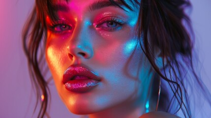 Fototapeta premium Closeup of a brunette model with intense makeup under neon lights, showcasing modern beauty