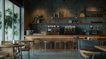 Wooden and gray coffee shop interior background,