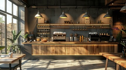 Wooden and gray coffee shop interior background,