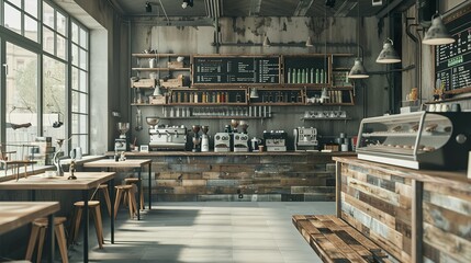 Wooden and gray coffee shop interior background,