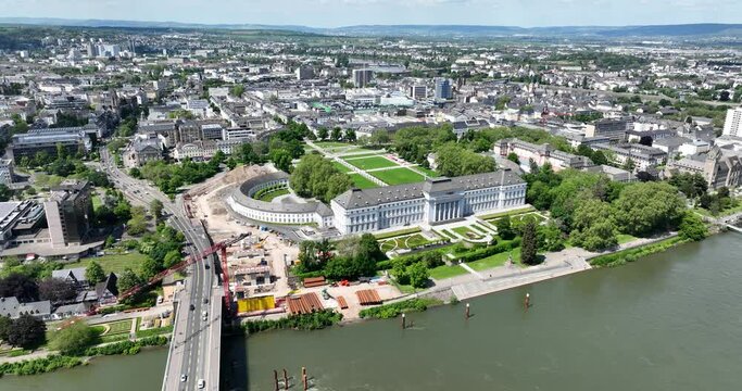 Aerial drone views of the Electoral Palace in Koblenz, Germany.