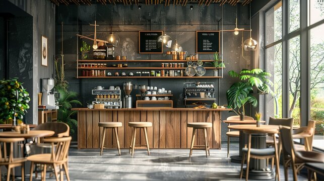 Wooden and gray coffee shop interior background,