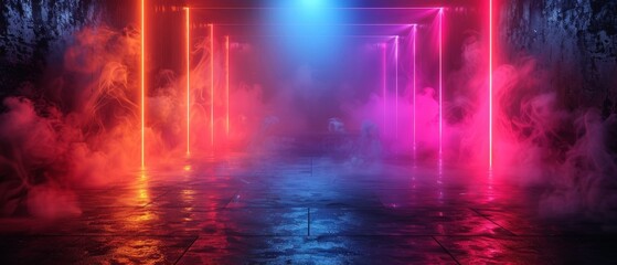 Empty stage background with neon lights and lasers. Laser futuristic shapes on a dark abstract background.