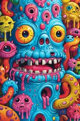 Fototapeta premium A colorful painting of a blue monster with many eyes, AI