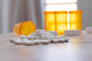 Person falling in drugs and adicted in horizontal view and bottles of drugs