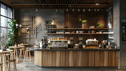 Wooden and gray coffee shop interior background,