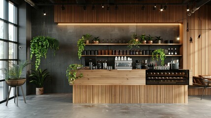 Wooden and gray coffee shop interior background,
