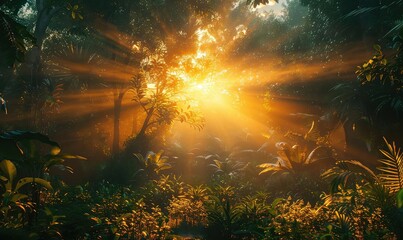 Sunrise scene with bright beams breaking through a dense forest, serene, natural setting