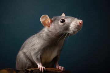close-up portrait of a grey rat standing on a piece of wood against a dark blue background