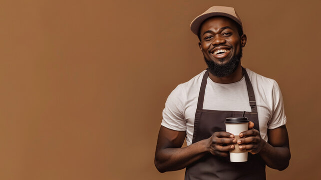 Happy african american barista holding coffee cup isolated on brown background.