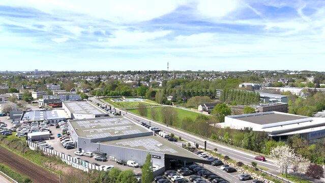 Aerial view of an industrial complex and warehouses in Rennes, France