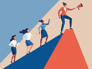 People climb to the top female manager, female manager shouting to employees with megaphone to cheer on target, corporate culture concept illustration. stock illustration