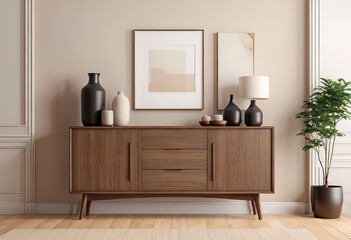 Accent modern wooden buffet with decorative items in room with empty white wall, minimalist interior design concept.