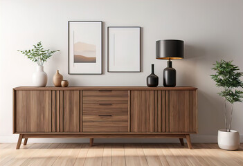 Accent modern wooden buffet with decorative items in room with empty white wall, minimalist interior design concept.