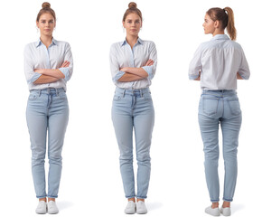 Set of business Woman with natural face beauty, 25 years old, three side views, cut out