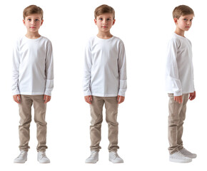 Set of young boy with natural facial beauty, aged 10, three side views, cut out