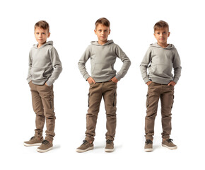 Set of young boy with natural facial beauty, aged 10, three side views, cut out