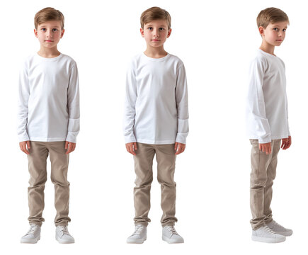Set of young boy with natural facial beauty, aged 10, three side views, cut out