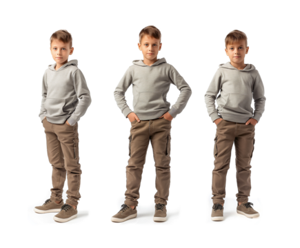 Set of young boy with natural facial beauty, aged 10, three side views, cut out