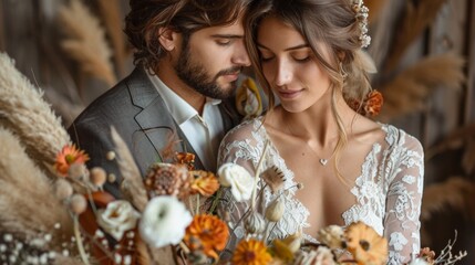 Intimate photo of a bride and groom in boho style, surrounded by earthy toned flowers and rustic decor